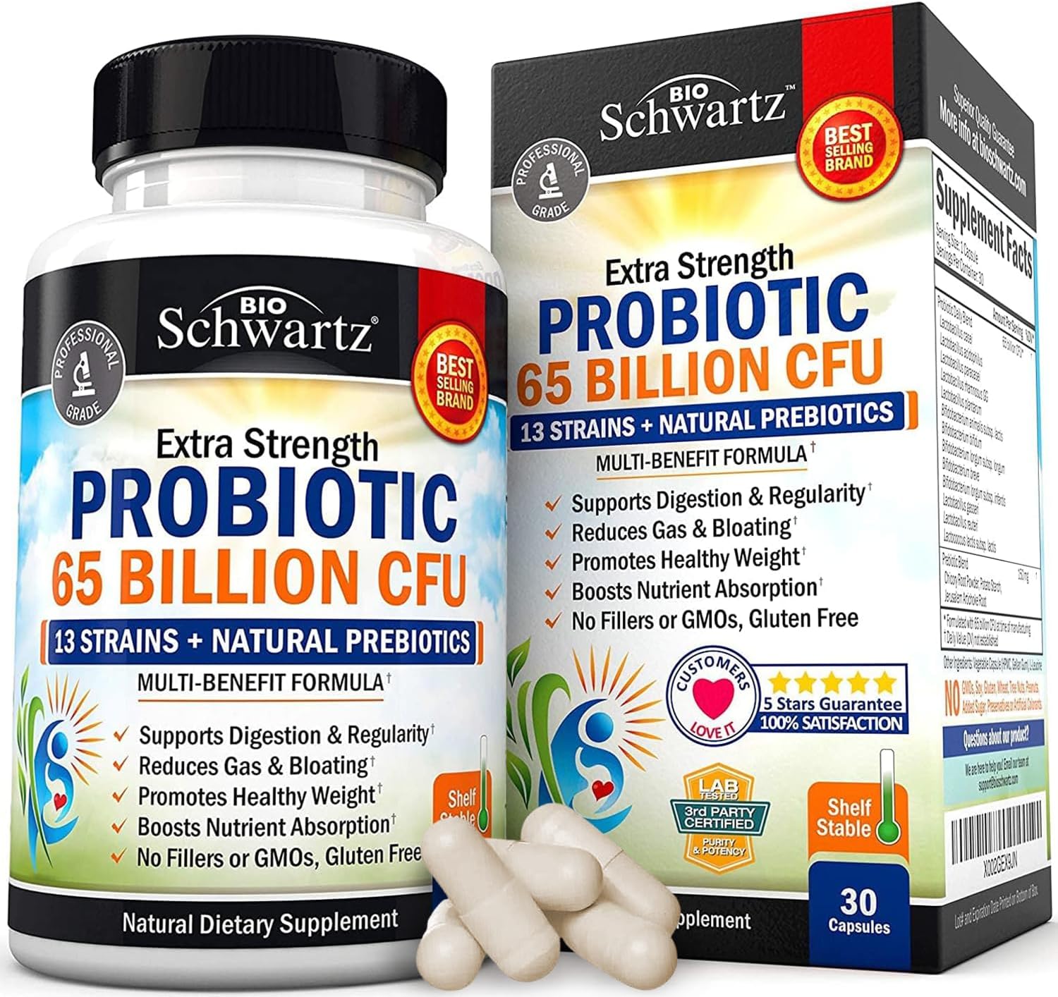BioSchwartz Probiotic 65 Billion Probiotics with Prebiotic for Women & Men - Lactobacillus Acidophilus Digestive Health 30 Caps
