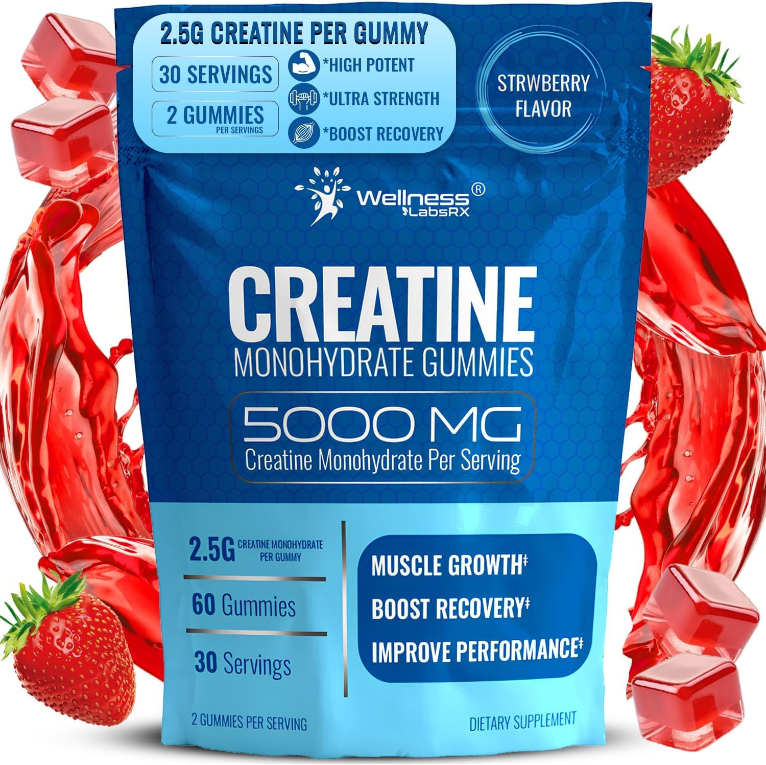 WELLNESS LABS Creatine Monohydrate Muscle Gh Strength Recovery 5000mg 60 Gummies