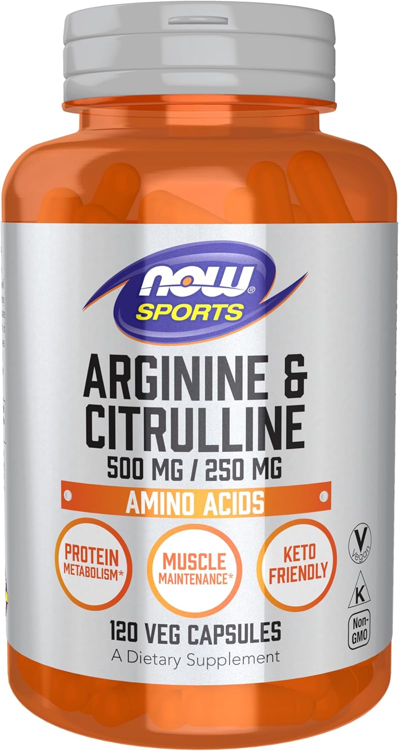 NOW Sports Nutrition Arginine & Citrulline 500 mg 250 mg Amino Acids 120 Veg Caps