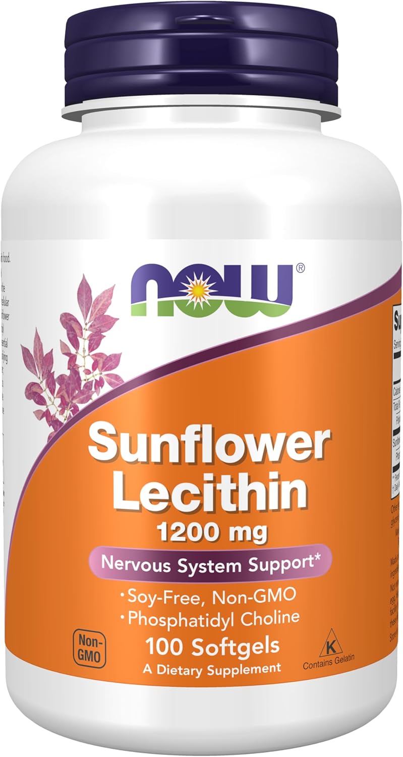 NOW Foods Sunflower Lecithin Phospholipids Choline Nervous System Support 1,200 mg, 100 Softgels