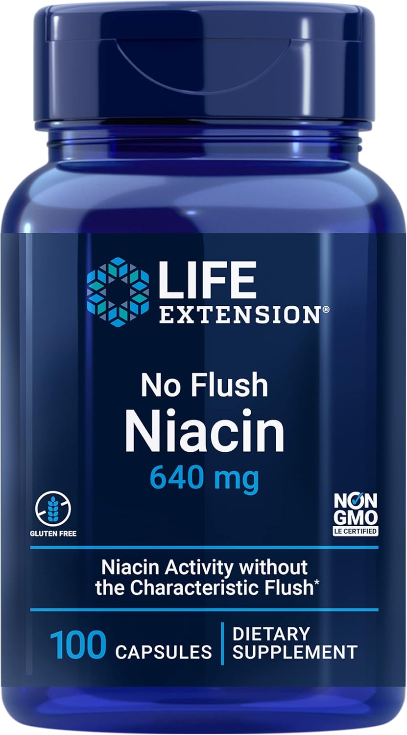 Life Extension No Flush Niacin İnositol B3 Heart Health Cholesterol Energy Support 640 mg 100 Caps