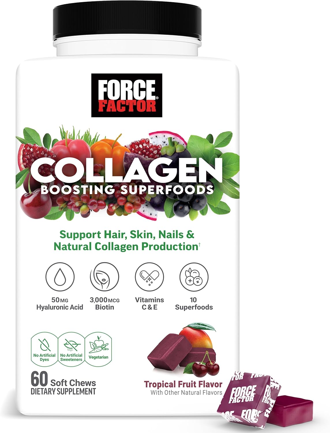 Force Factor Collagen Superfoods Women with Biotin Hyaluronic Acid and Vitamin C for Hair Skin Nails 60 Chews