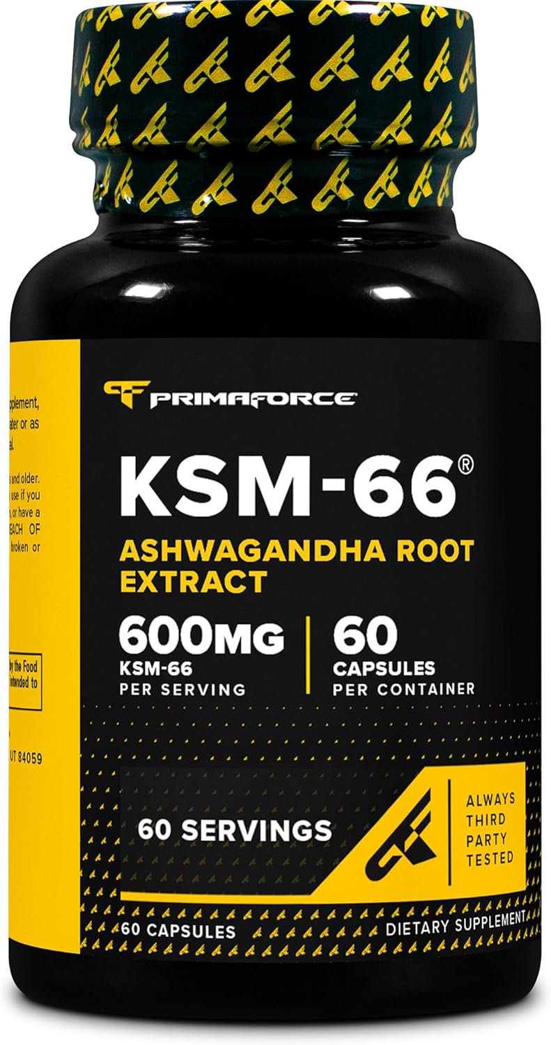 Primaforce KSM66 Ashwagandha Root Extract 600mg 60 Veggie Capsules - 5% Withanolides with BioPerine