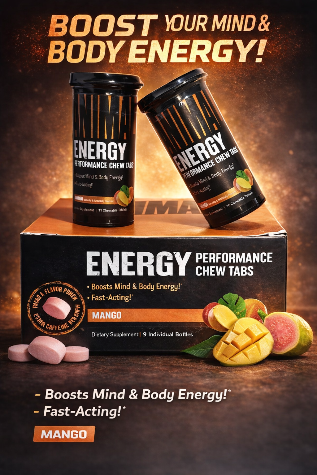 Universal Nutrition Animal Energy Preworkout Boosts Mind 16 Chews x 9 bottle