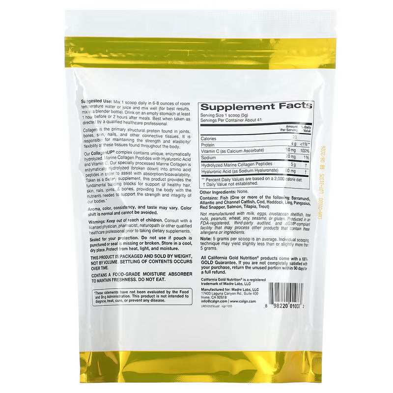 California Gold Nutrition CollagenUP Hydrolyzed Marine Collagen Peptides with Hyaluronic Acid and Vitamin C Unflavored