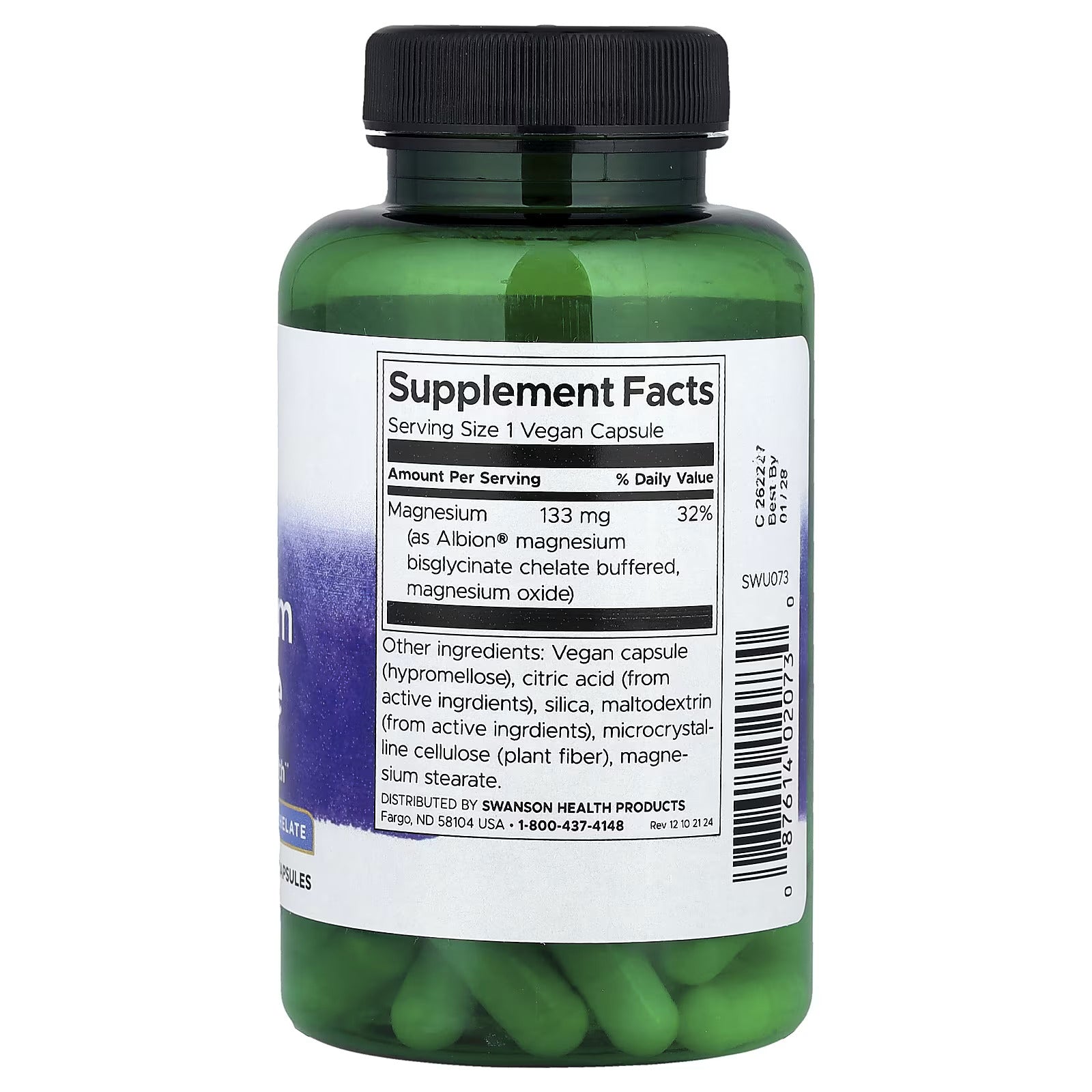 Swanson, Albion Magnesium(Magnezyum) Glycinate, 133 mg, 90 Vegan Caps