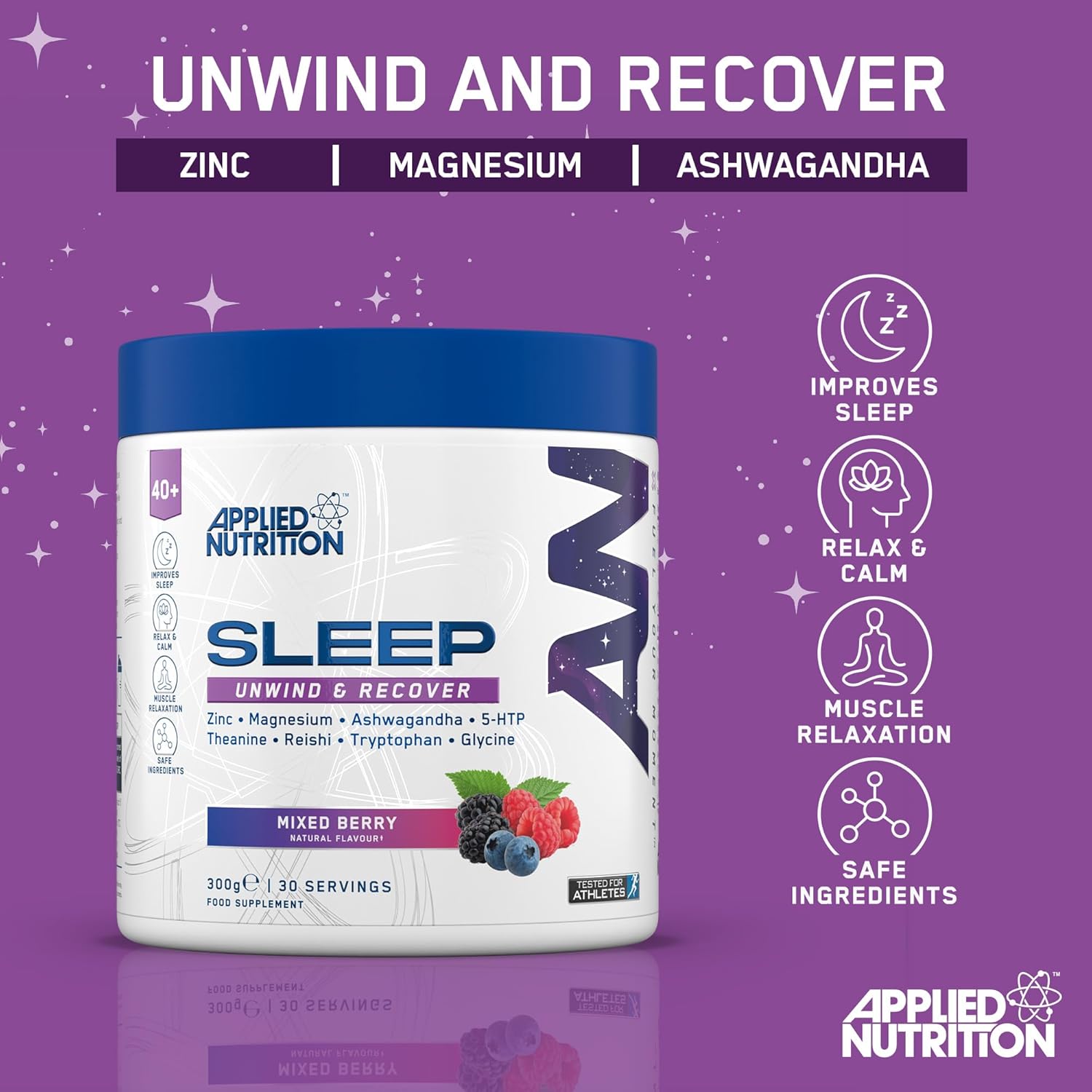 Applied Nutrition Sleep Support for Over 40s Zinc Reishi Magnesium Glycine Theanine 5-HTP 300 g