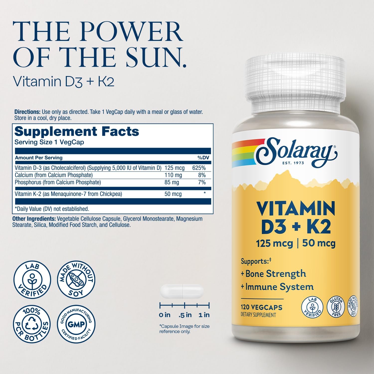 SOLARAY Vitamin D3 K2 MK7 Bone Health Immune Support 5000 IU 120 Caps