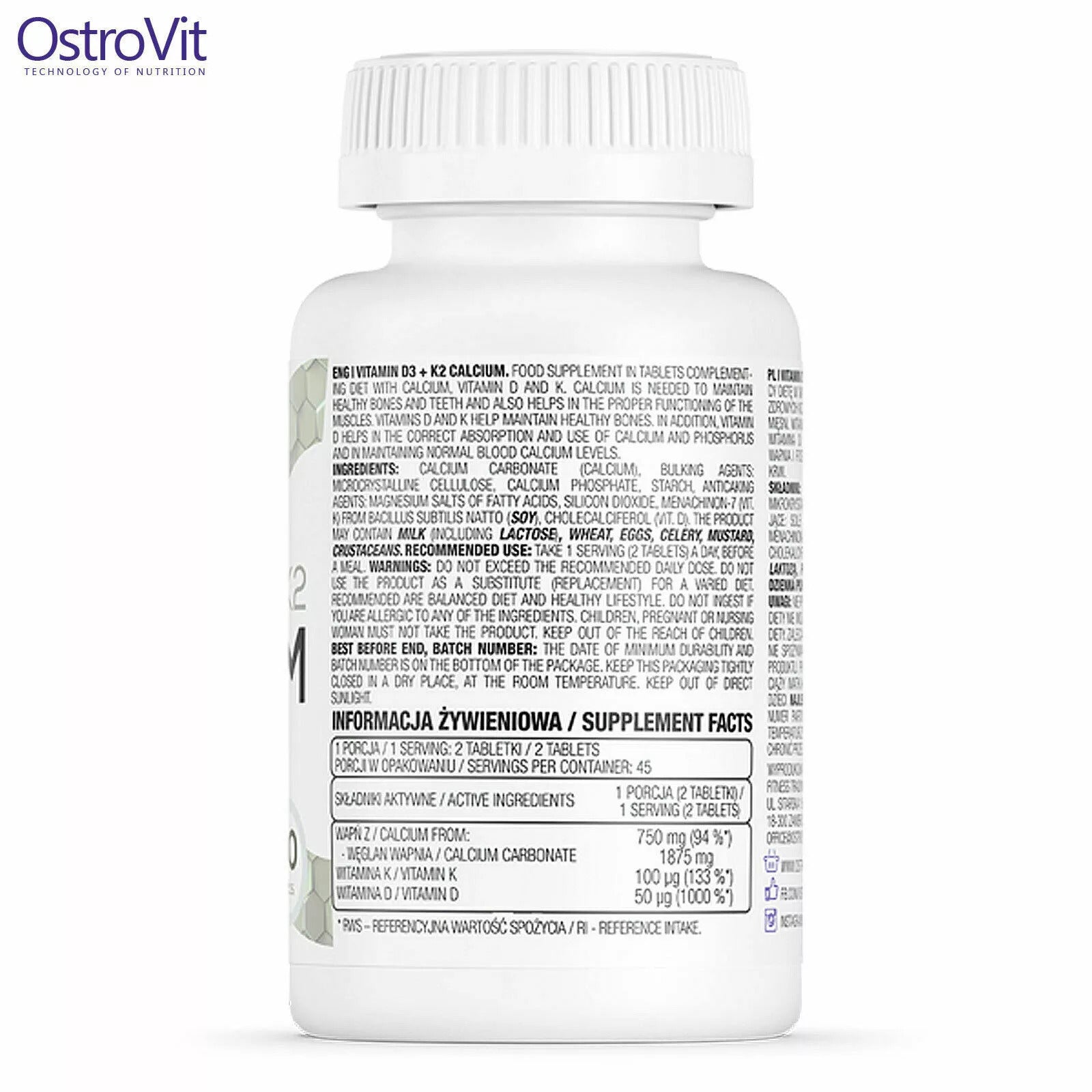 OstroVit Vitamin D3 + K2 + Calcium Kalsiyum 90 tablet