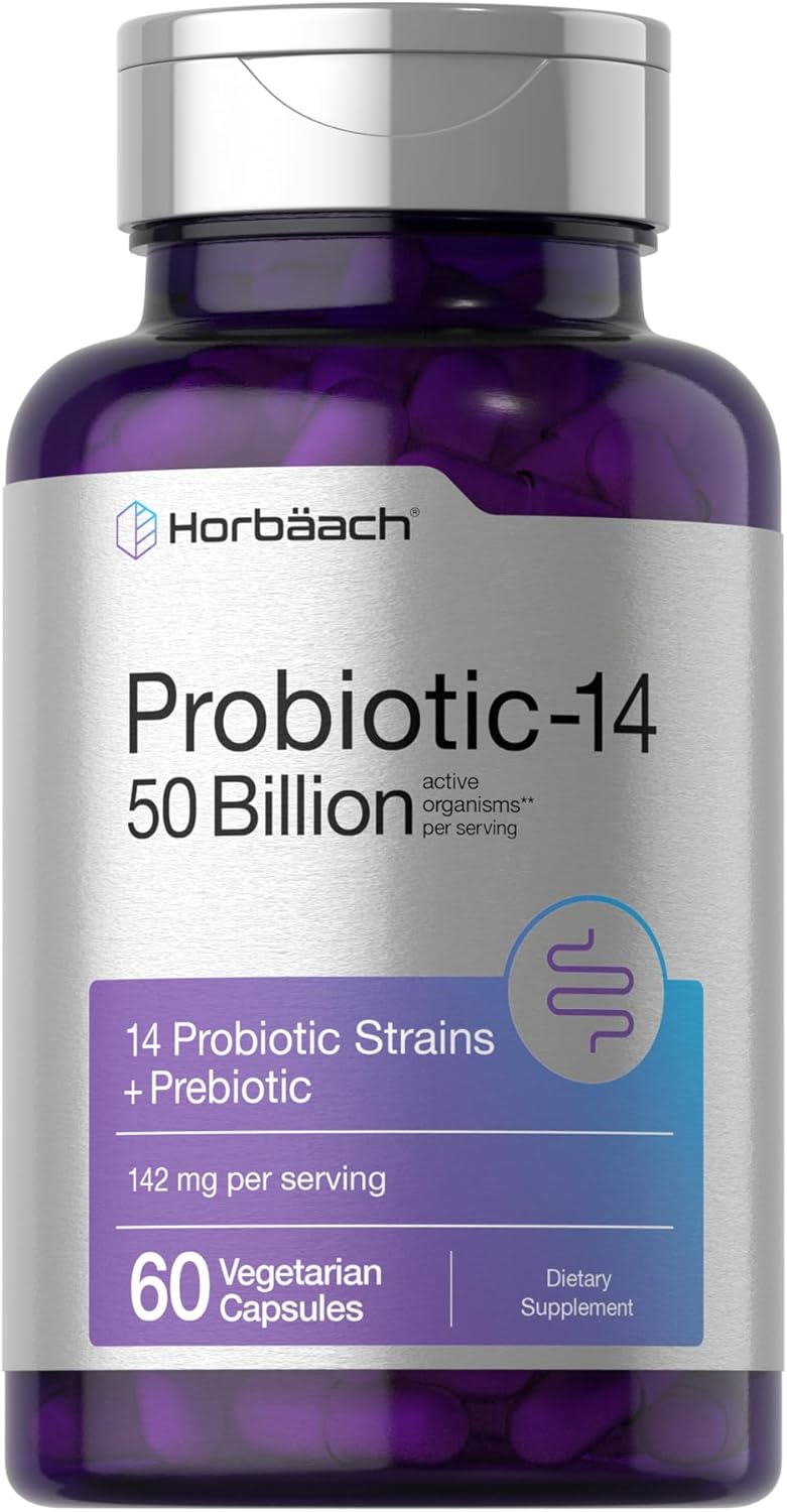 Horbaach Probiotics for Women and Men Lactobacillus 50 Billion 14 Prebiotic 60 Caps