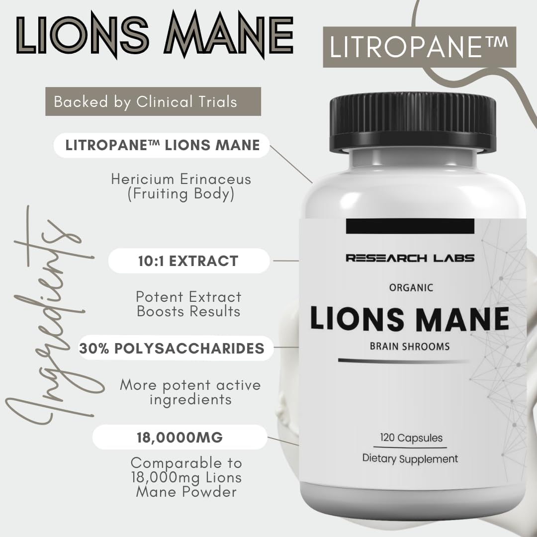 Research Labs Organic Lions Mane Immune System Booster & Nootropic Brain Support Mushroom 120 Caps