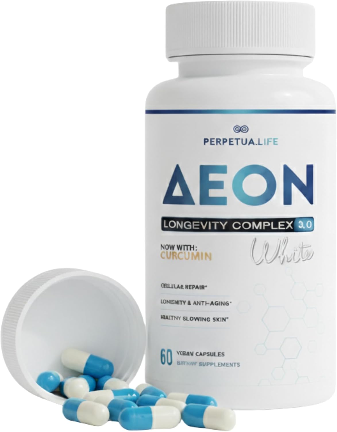 AEON Longevity Complex White with Curcumin NAD-NMN Nicotinamide Mononucleotide AKG Glycine Taurine Healthy Aging Energy Immune System Vegan 60 Caps