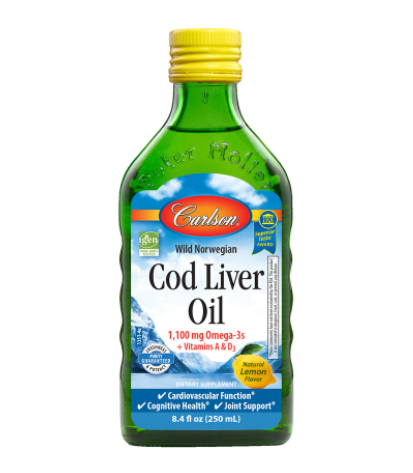 Carlson - Cod Liver Oil 1100 mg Omega-3s Liquid Cognitive Fish Oil Lemon EPA DHA 250 ml