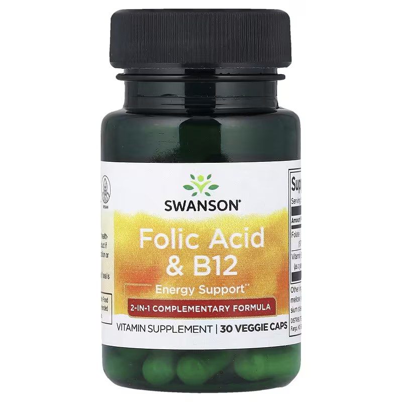 Swanson Folic Acid & B12 With Vitamin B9 Folate Energy Support 30 Veggie Caps