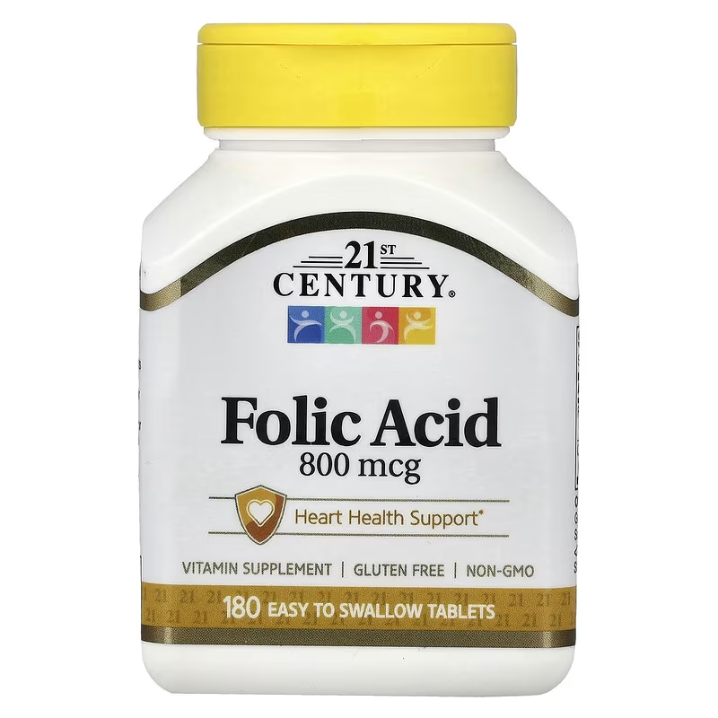 21st Century Folic Acid Vitamin B9 Folate Heart Health 800 mcg 180 Easy to Swallow Tablets
