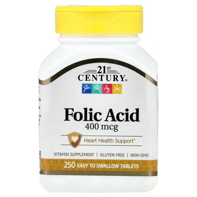 21st Century Folic Acid Vitamin B9 Folate Heart Health 400 mcg 250 Easy to Swallow Tablets