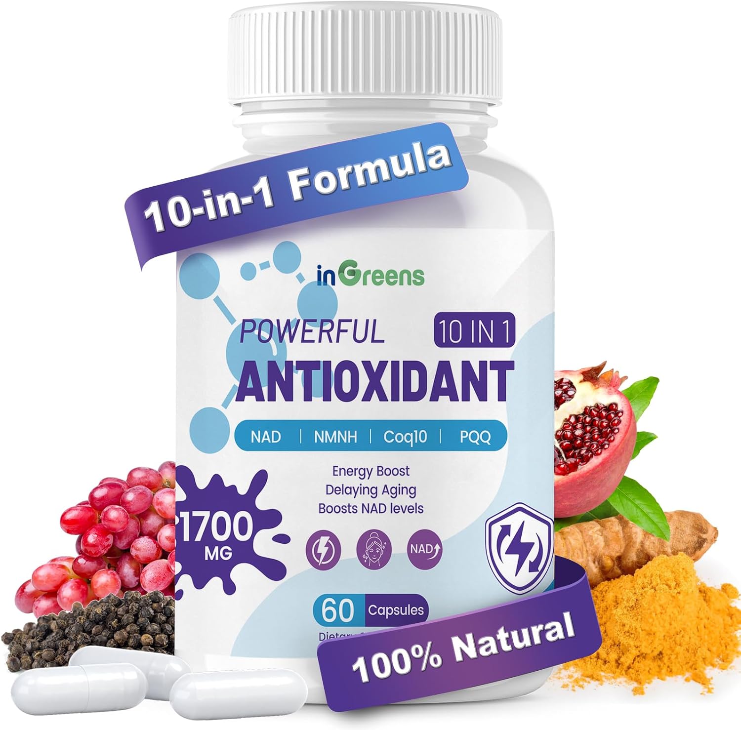 InGreens Powerful Antioxidants with NAD NMNH Coq10 Resveratrol Spermidine Glutathione 60 Caps