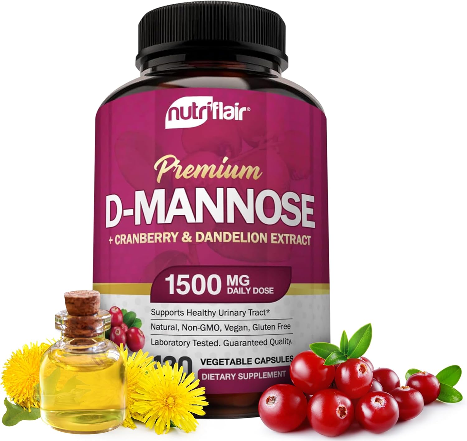 NutriFlair D-Mannose 1500mg with Cranberry and Dandelion Urinary Tract Health Detox Body 120 Caps