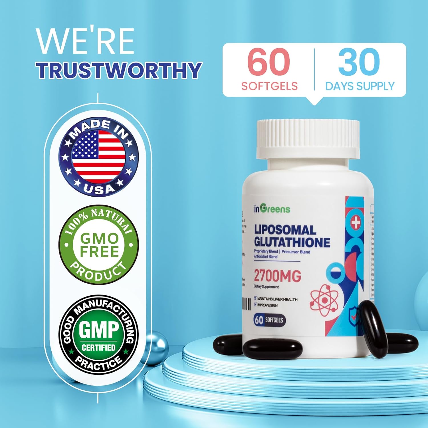 InGreens Liposomal Glutathione Phosphatidylcholine Glycine Resveratrol 2700 mg 60 Softgels