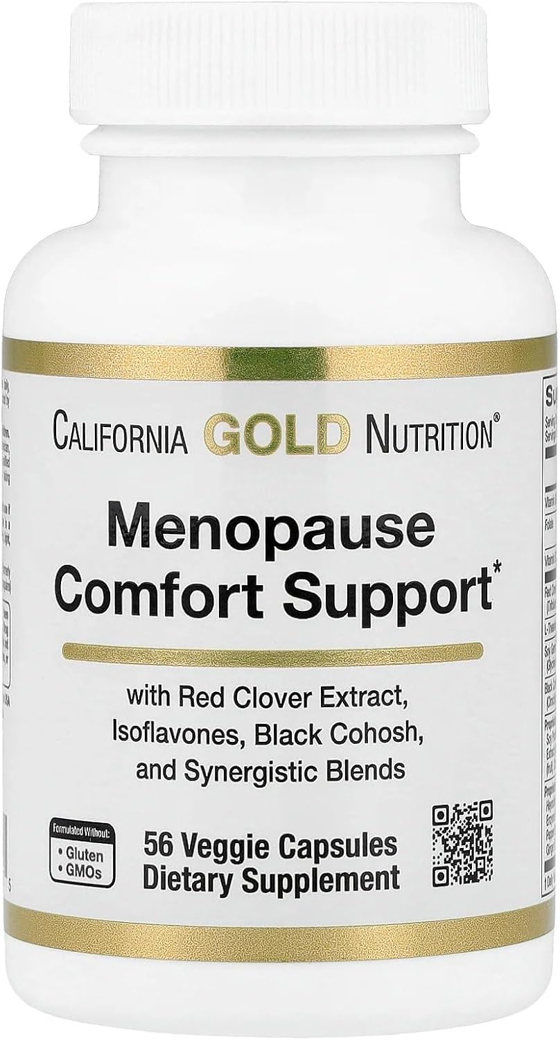 California Gold Nutrition Menopause Comfort with Folate Red Clover Extract, Vitamin B12 Theanine 56 Veggie Caps