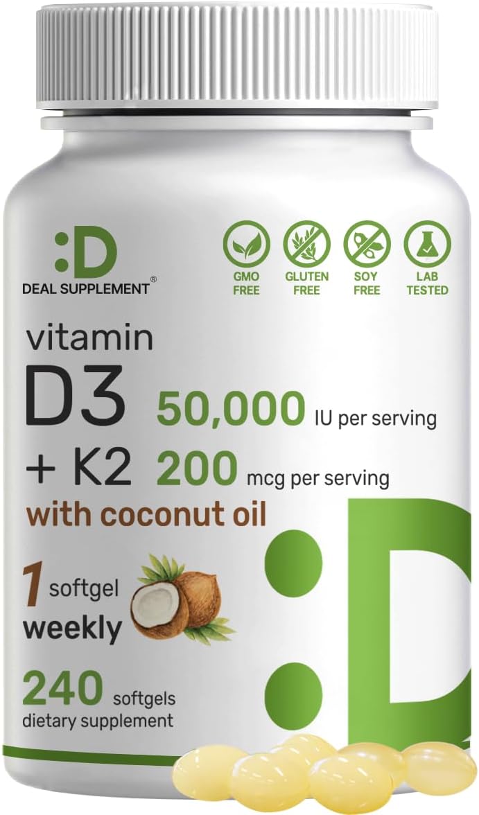 DEAL SUPPLEMENT Vitamin D3 50,000 IU + K2 MK7 Coconut Oil Bone Teeth & Immune Health 240 Softgels