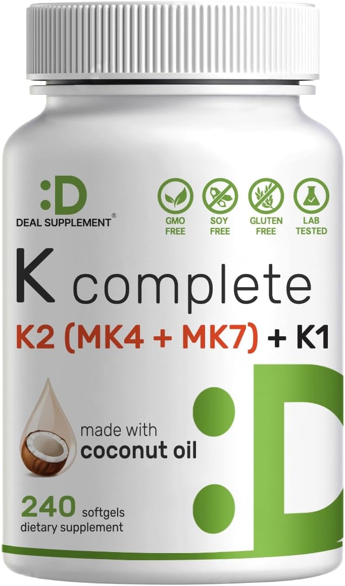 DEAL SUPPLEMENT Vitamin K 1 - K2 Complete MK-7 and MK-4 Bone Joint Immune Support 240 Coconut Oil Softgels