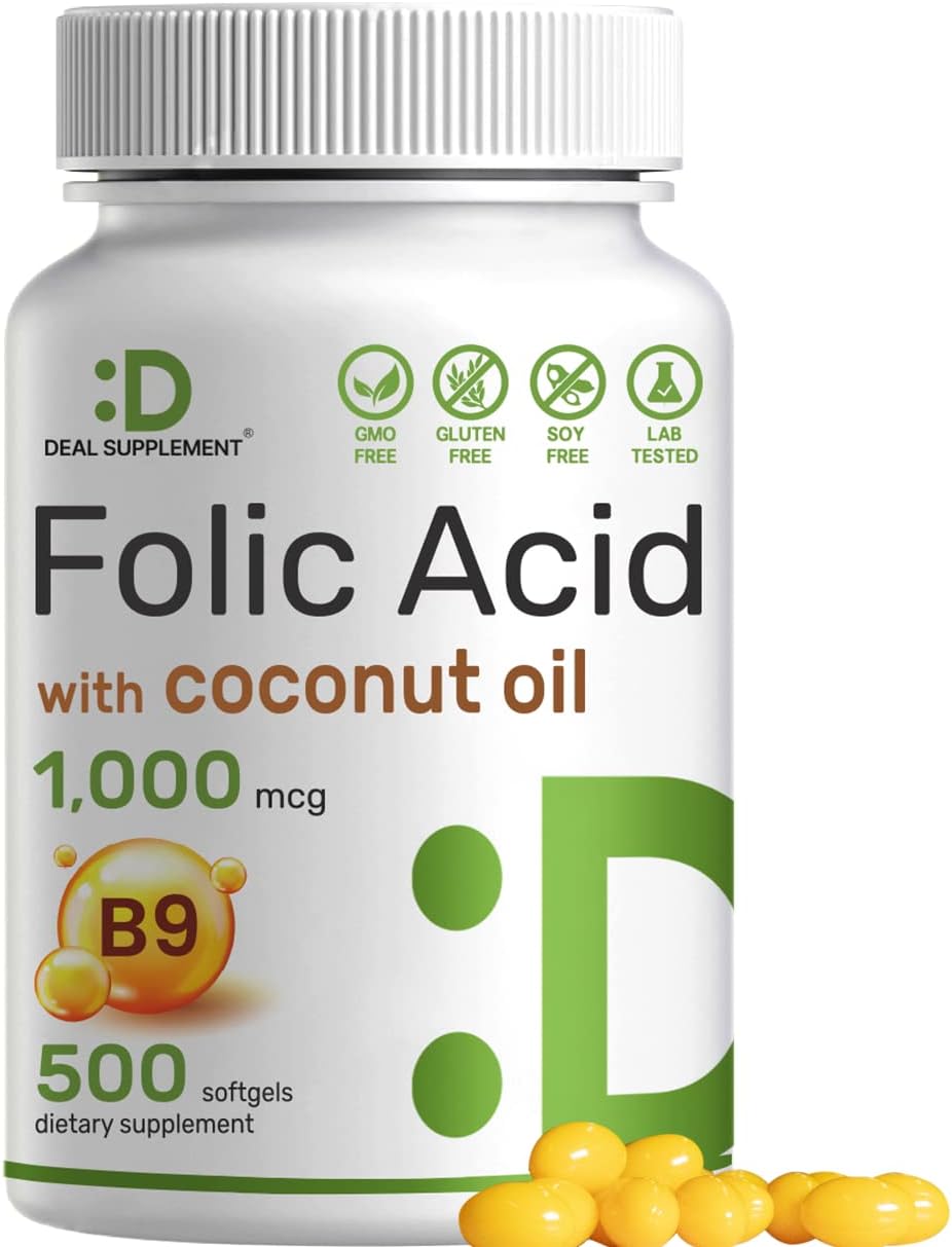 DEAL SUPPLEMENT Folic Acid 1000 mcg Oil Bioavailable Prenatal Vitamin B9 500 Softgels