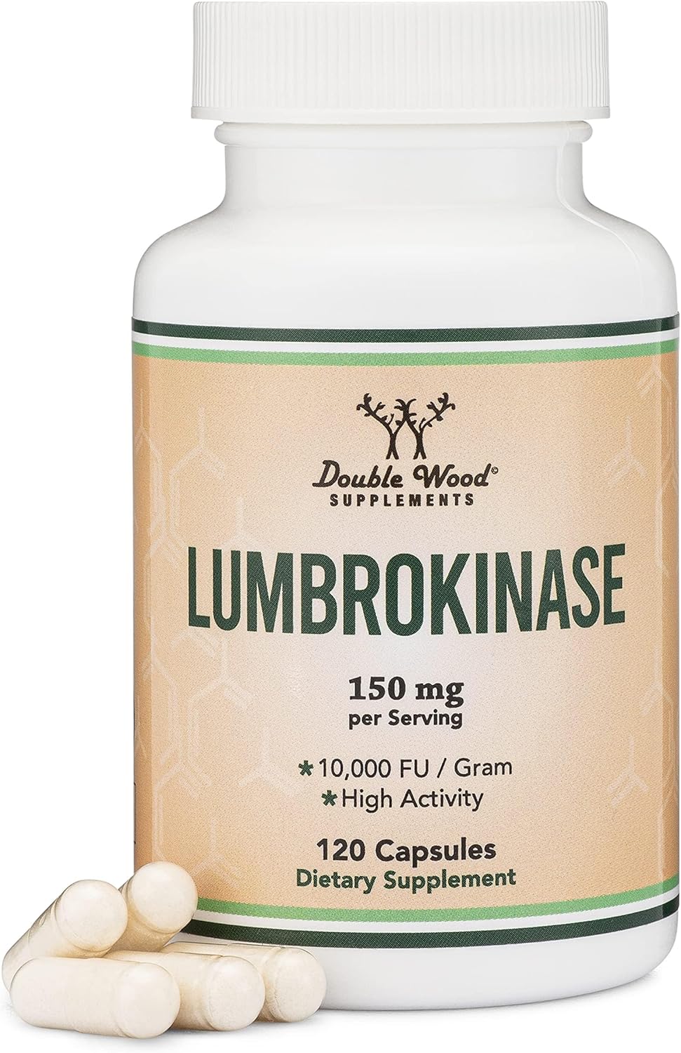 Double Wood Lumbrokinase Enzymes 10,000 FU Cardiovascular and Blood Circulation Support 120 Caps