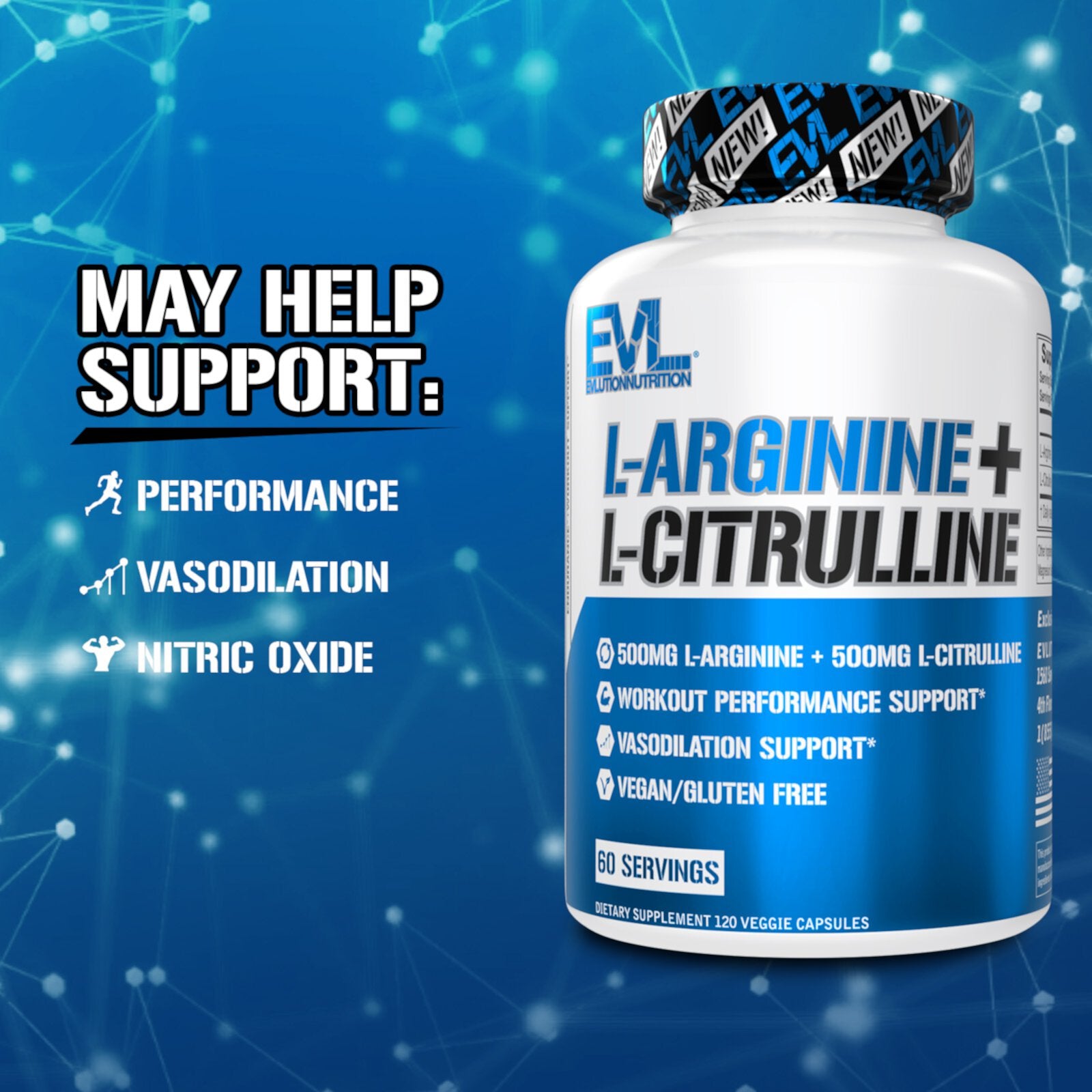 EVLution Nutrition L-Arginine + L-Citrulline Nitrix Oxide 120 Veggie Caps