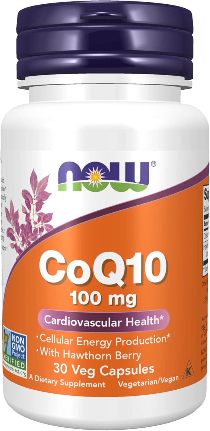 NOW Foods CoQ10 100 mg with Hawthorn Berry Cellular Energy Production 30 Veg Caps