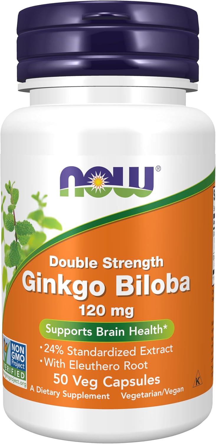 NOW Foods Ginkgo Biloba Supports Brain Health 120 mg Double Strength 50 Veg Caps