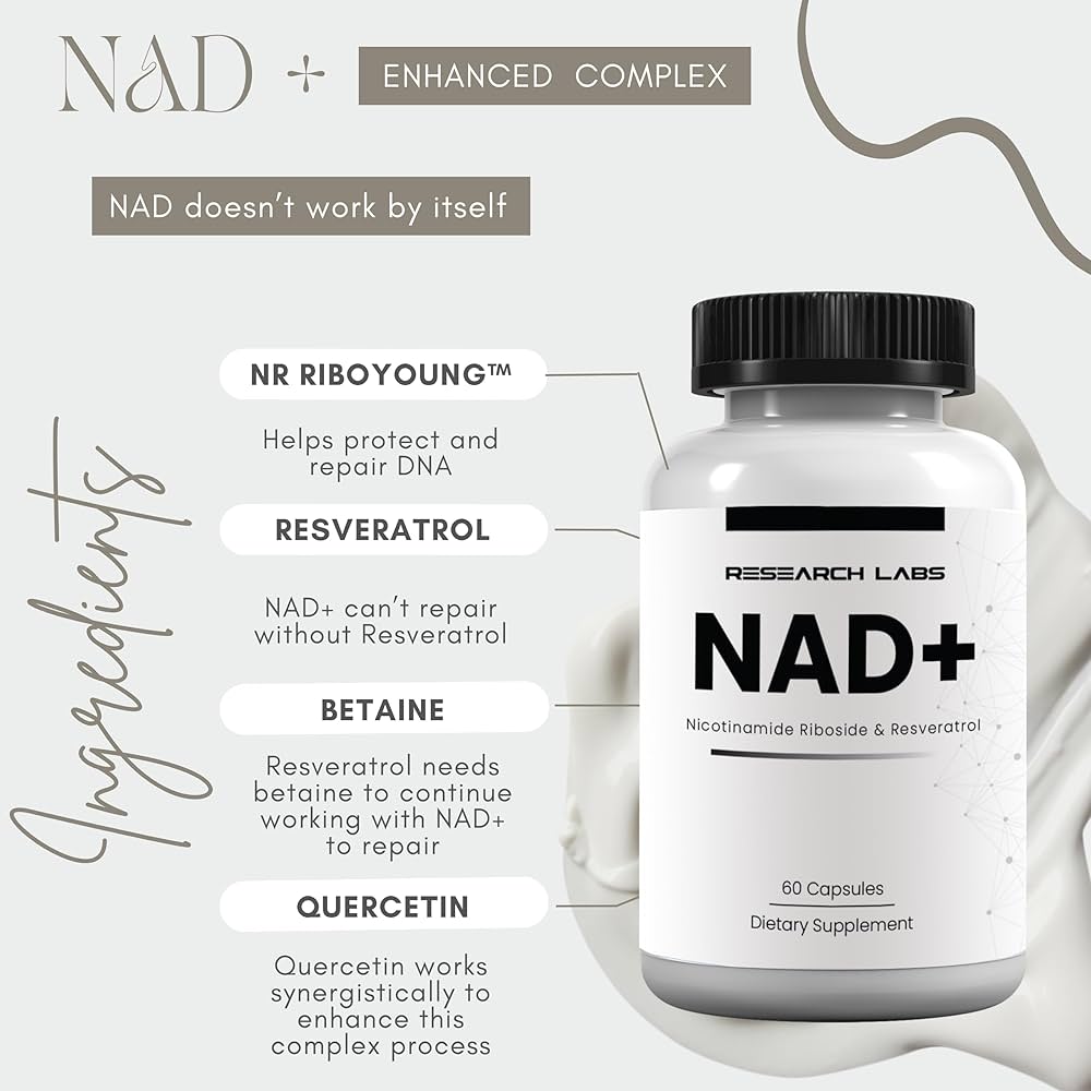 Research Labs NAD+ Nicotinamide Riboside Quercetin Resveratrol Betaine True NAD Anti Aging
