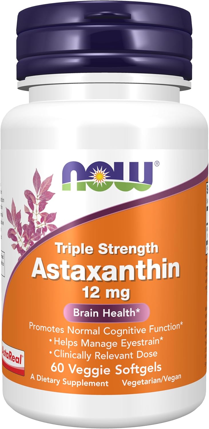 NOW Triple Strength Astaxanthin 12 mg Brain Health*, Helps Manage Eye Strain 60 Veggie Softgels