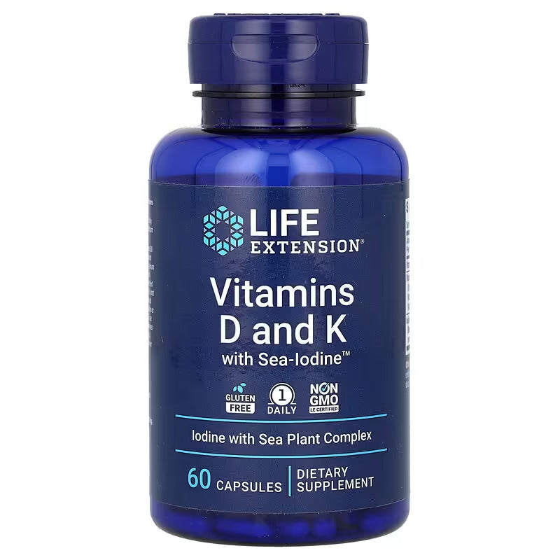 Life Extension Vitamins D and K D3 K2 with Sea-Iodine 60 capsules
