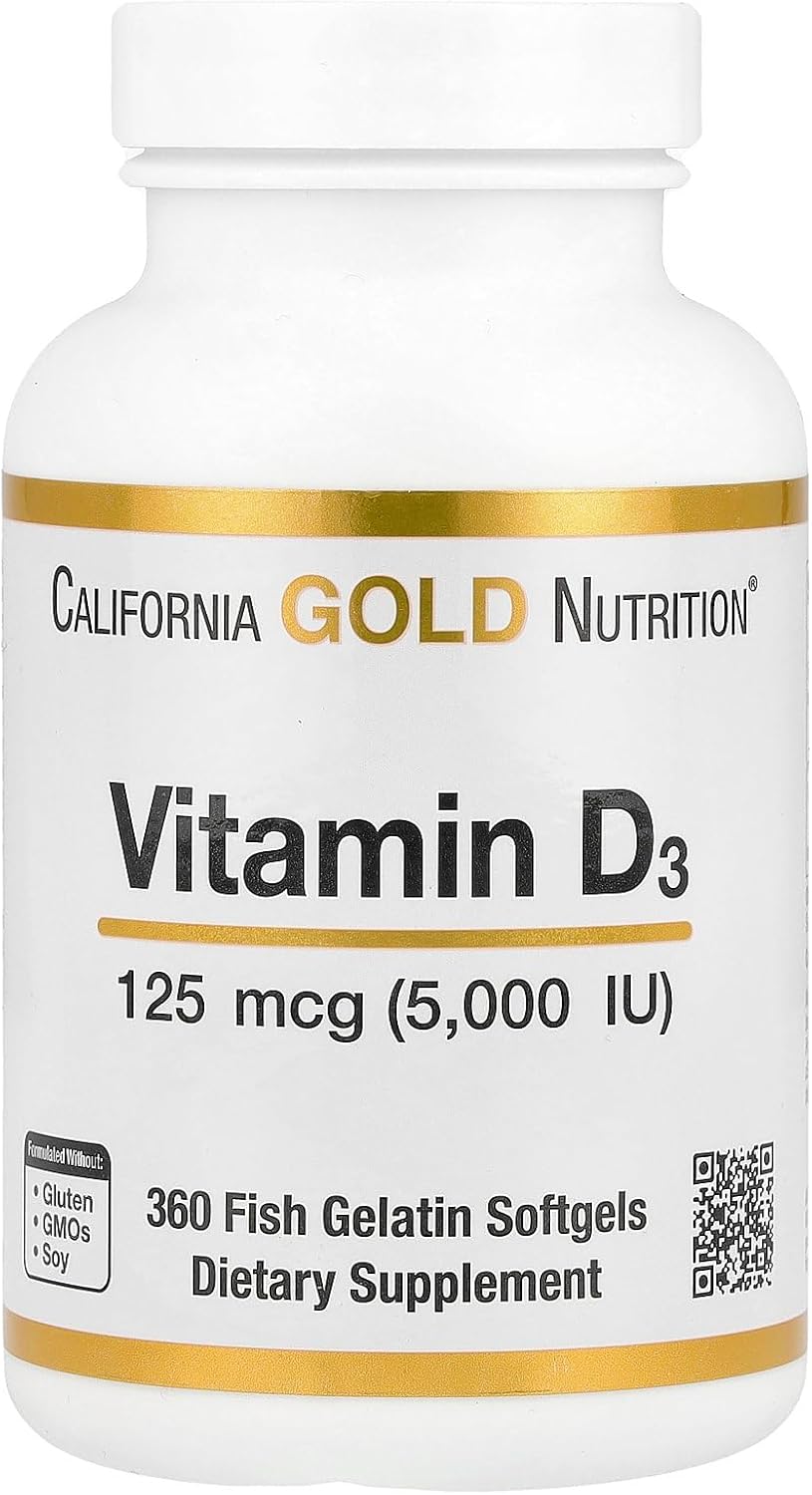 California Gold Nutrition, Vitamin D3, 5,000IU, Cholecalciferol from Lanolin, 125 mcg, 360 Fish Gelatin Softgels