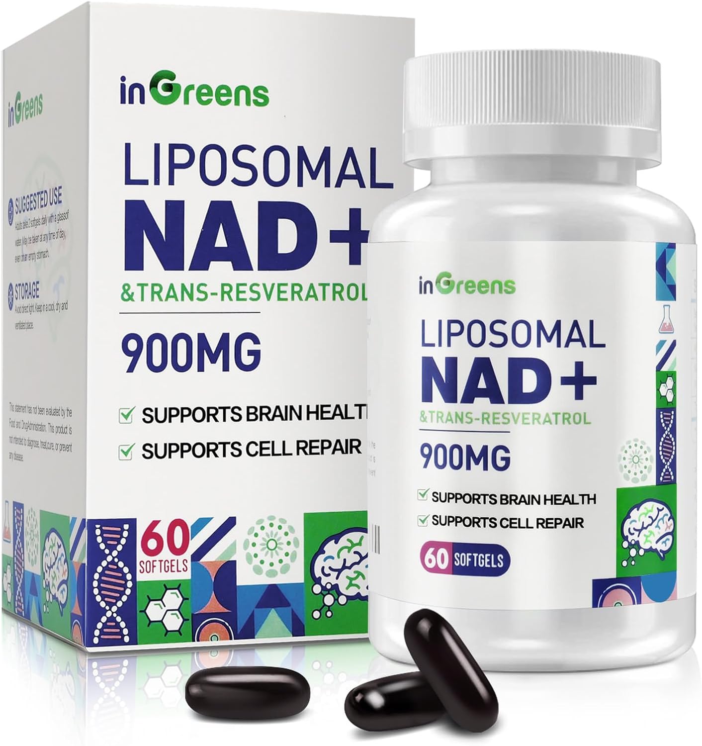 inGreens Liposomal NAD+ 900 mg Trans Resveratrol NMN Aging Defense, Energy, Longevity 60 Softgels
