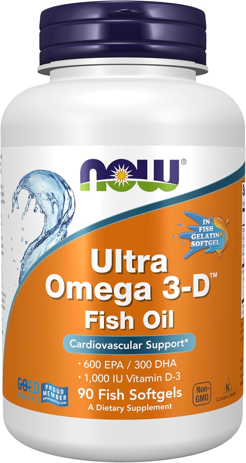 NOW Ultra Omega 3-D™, Omega 3 Fish Oil 1200 mg EPA 600 DHA 300 + Vitamin D-3 90 Softgels