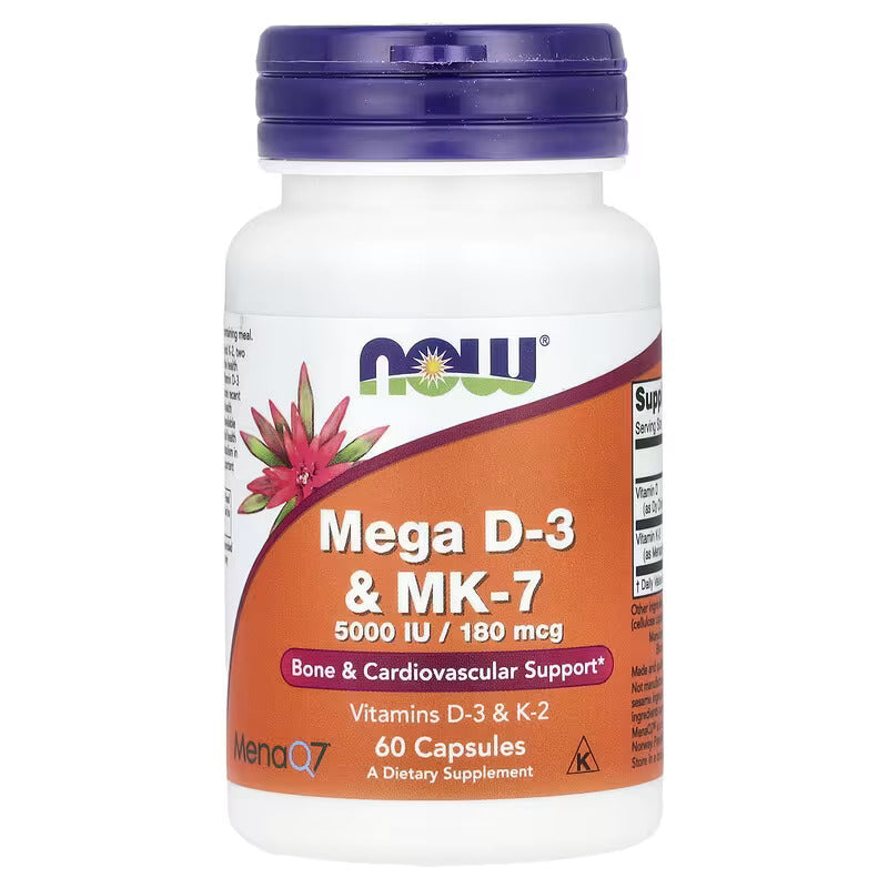 NOW Foods, Mega D-3 K2 Vitamin & MK-7, 5,000 IU / 180 mcg, 60 Caps