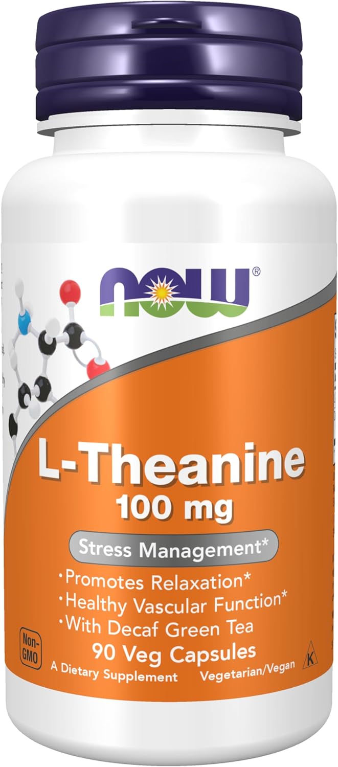 NOW Foods Supplements, L-Theanine 100 mg with Decaf Green Tea, Stress Management*, 90 Veg Capsules