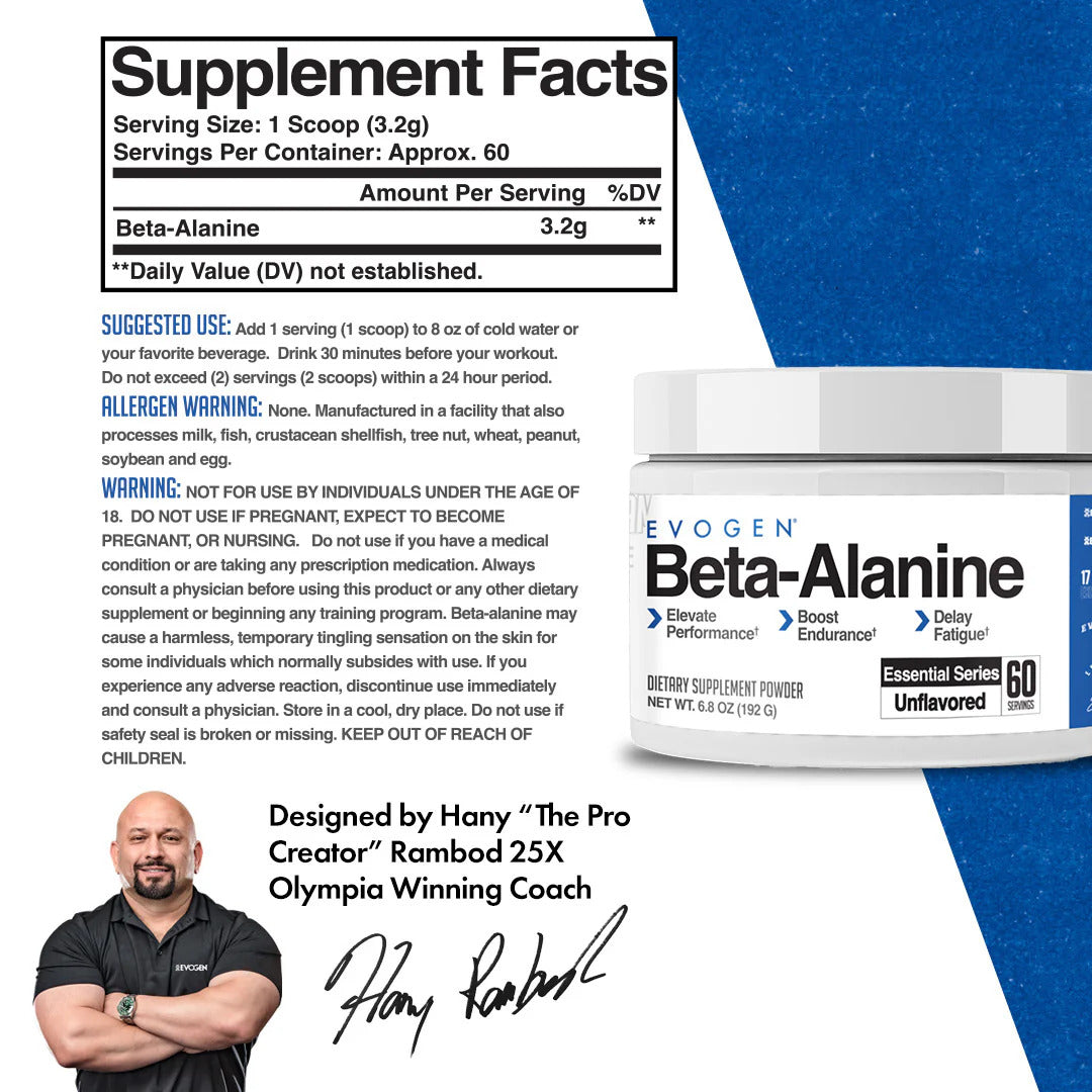 Evogen Beta Alanine Powder Performance Enhancer | Boost Endurance, Delay Fatigue 60 Servis