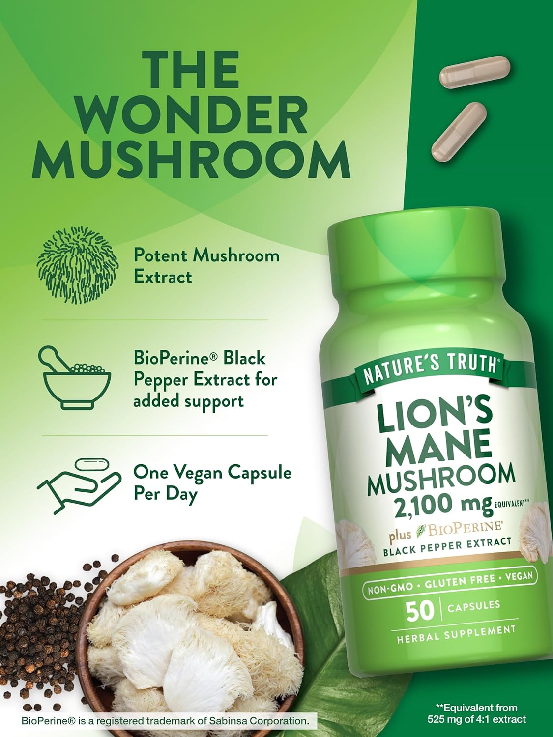 Nature's Truth, Lion's Mane(Aslan yelesi mantarı) Mushroom Plus BioPerine®, 2100 mg, 50 Capsules
