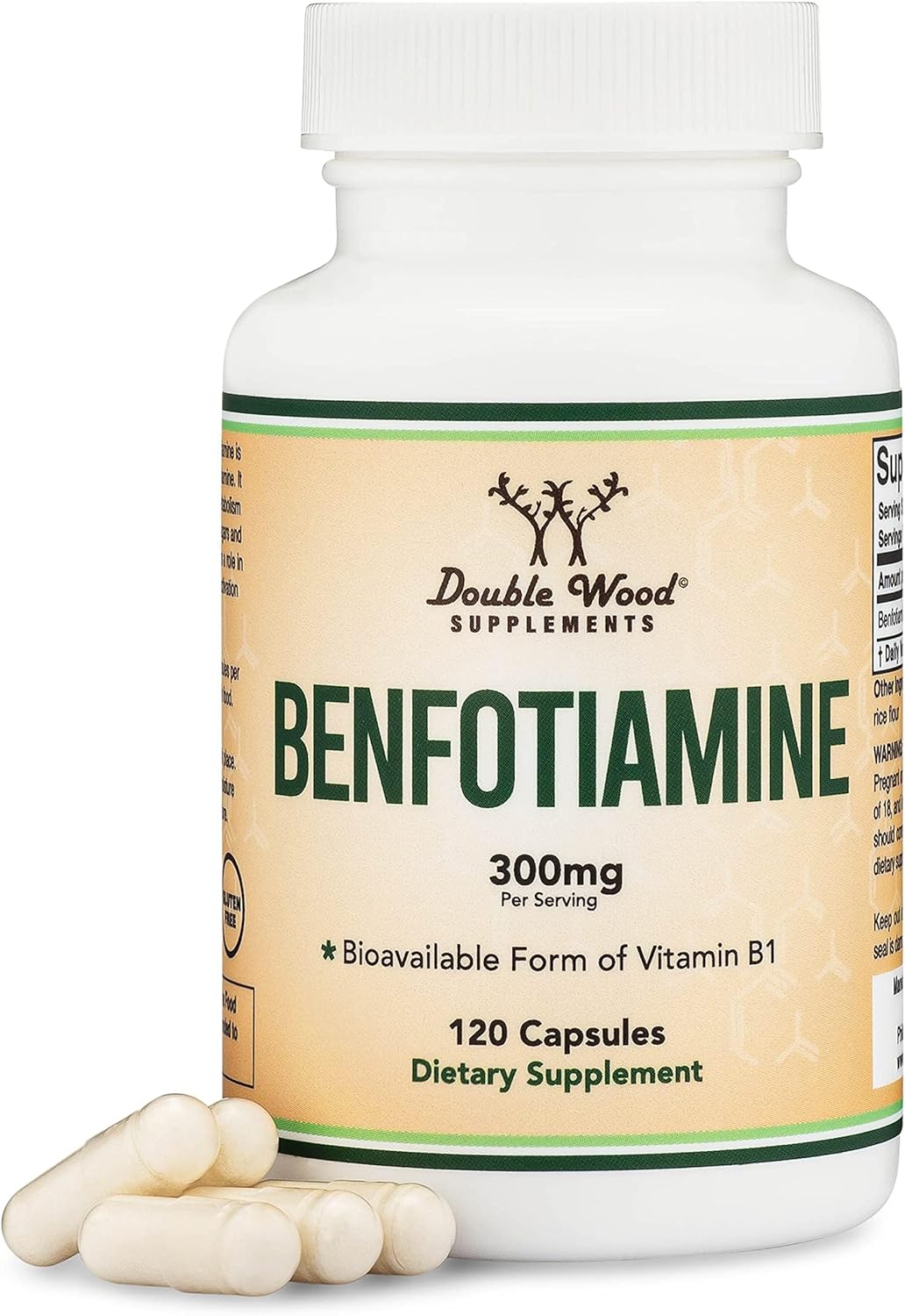 Double Wood Benfotiamine 300mg Servings (Third Party Tested, 120 Capsules, 150mg Per Cap) Non-GMO, to Boost Thiamine B1 Levels (More Absorbable Than Thiamine