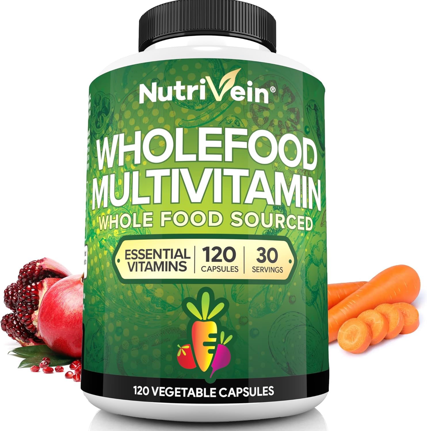 Nutrivein Whole Food Multivitamin Men & Women (Folate+Niacin+Biotin+Molybdenum 120 Caps