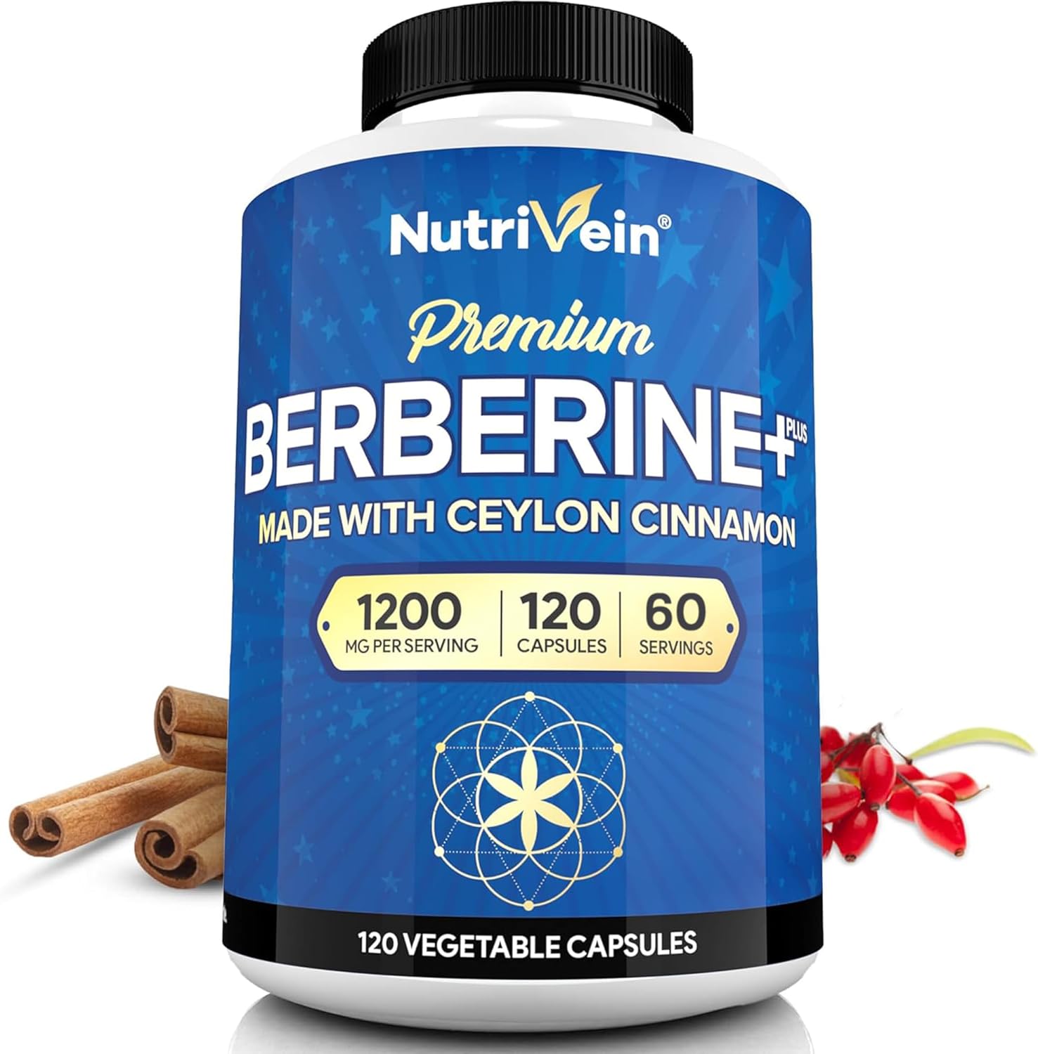 Nutrivein Premium Berberine HCL 1200 mg Ceylon Cinnamon Defenses, Digestion, & Metabolism - 120 Caps