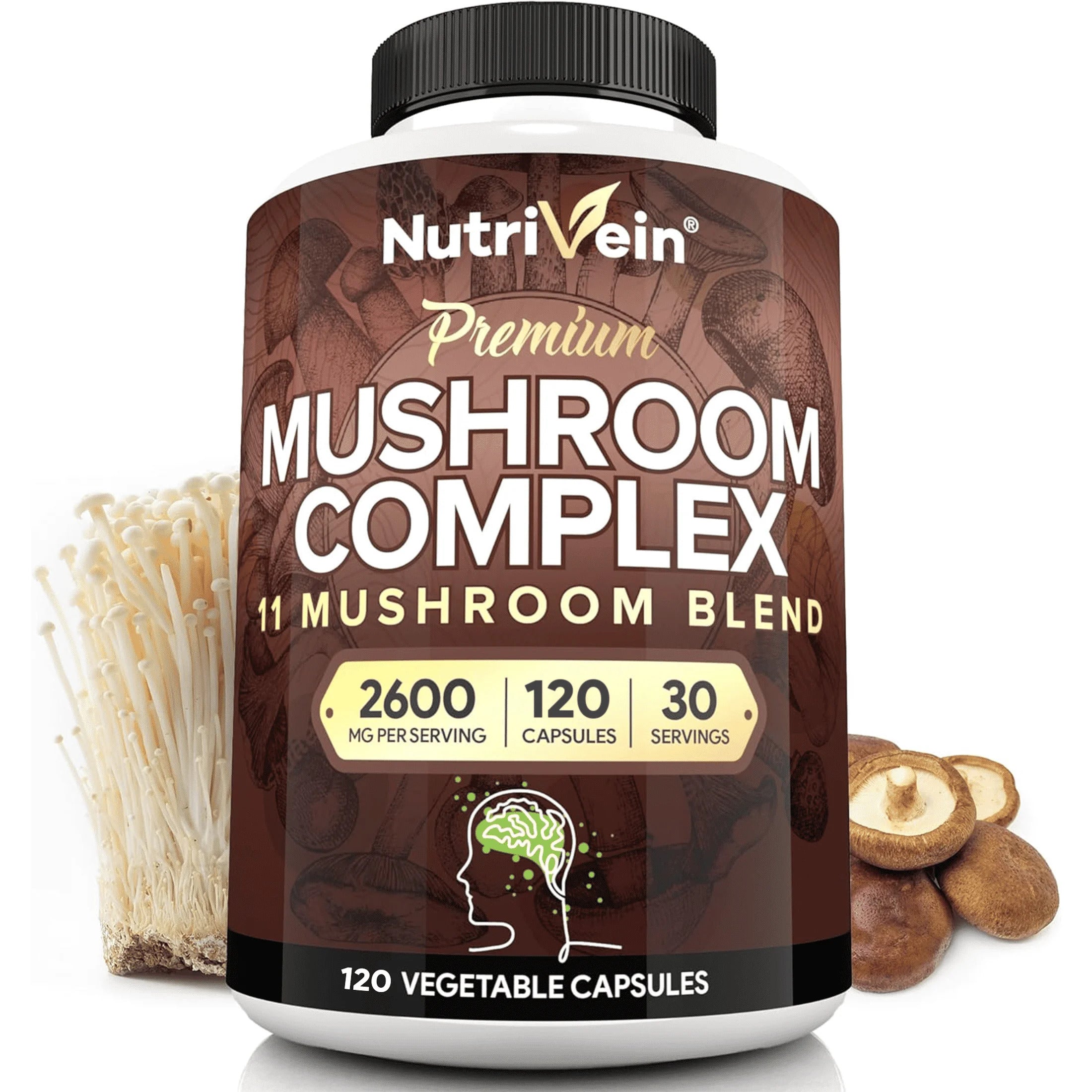 Nutrivein Mushroom Nootropic Complex Lion's Mane Cordyceps Chaga Reishi Turkey Tail Maitake 120 Vegetable Caps