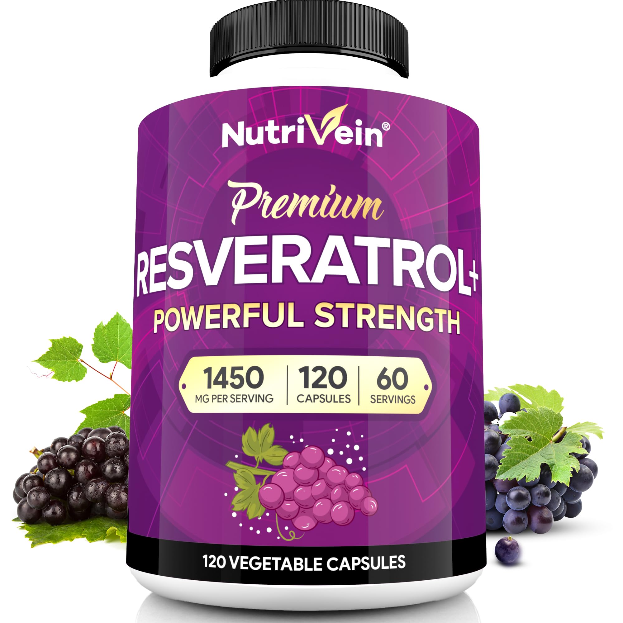 Nutrivein Resveratrol with Green Tea Leaf & Acai Berry-Aging, Defenses, Brain, and Joint Support 120