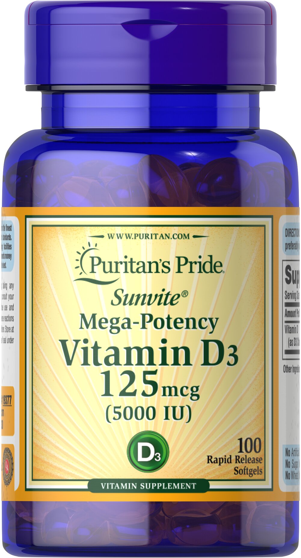 Puritan's Pride Vitamin D3 125 mcg (5000 IU), 100 Softgels