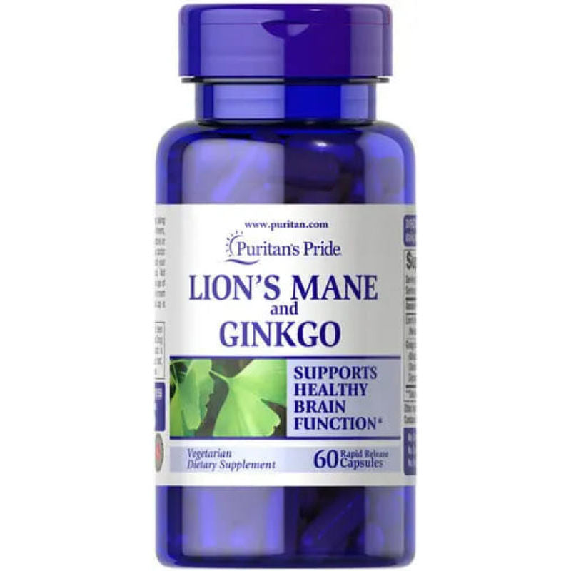 Puritans Pride Lion's Mane and Ginkgo, Aslan Yelesi Mantarı+Ginkgo Özütü 60 Caps