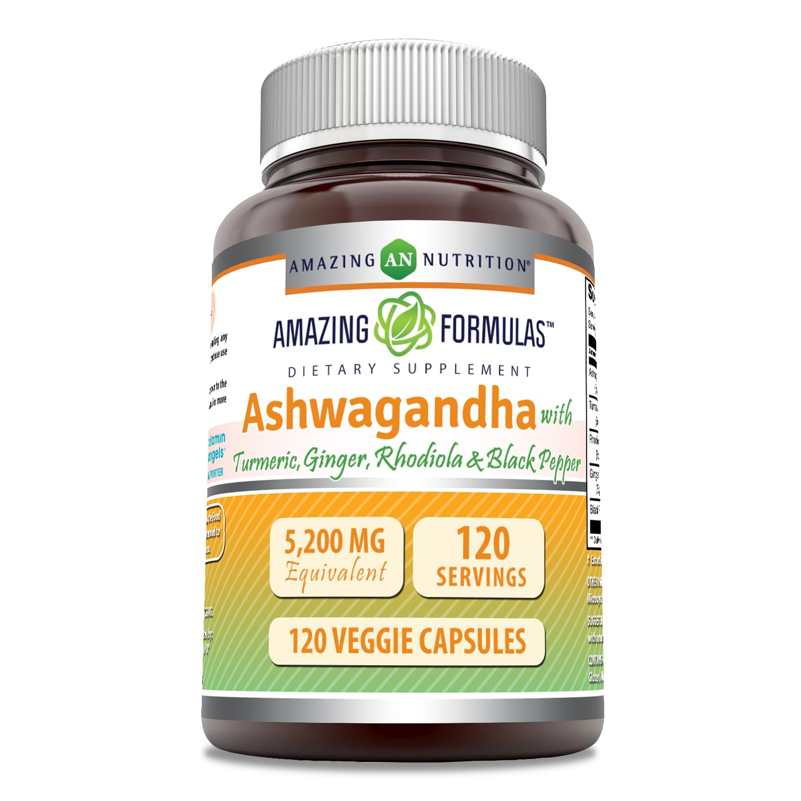 Amazing Formulas Ashwagandha Turmeric, Ginger, Rhodioa, & Black Pepper 5200 Mg Per Serving 120 Veggie Caps