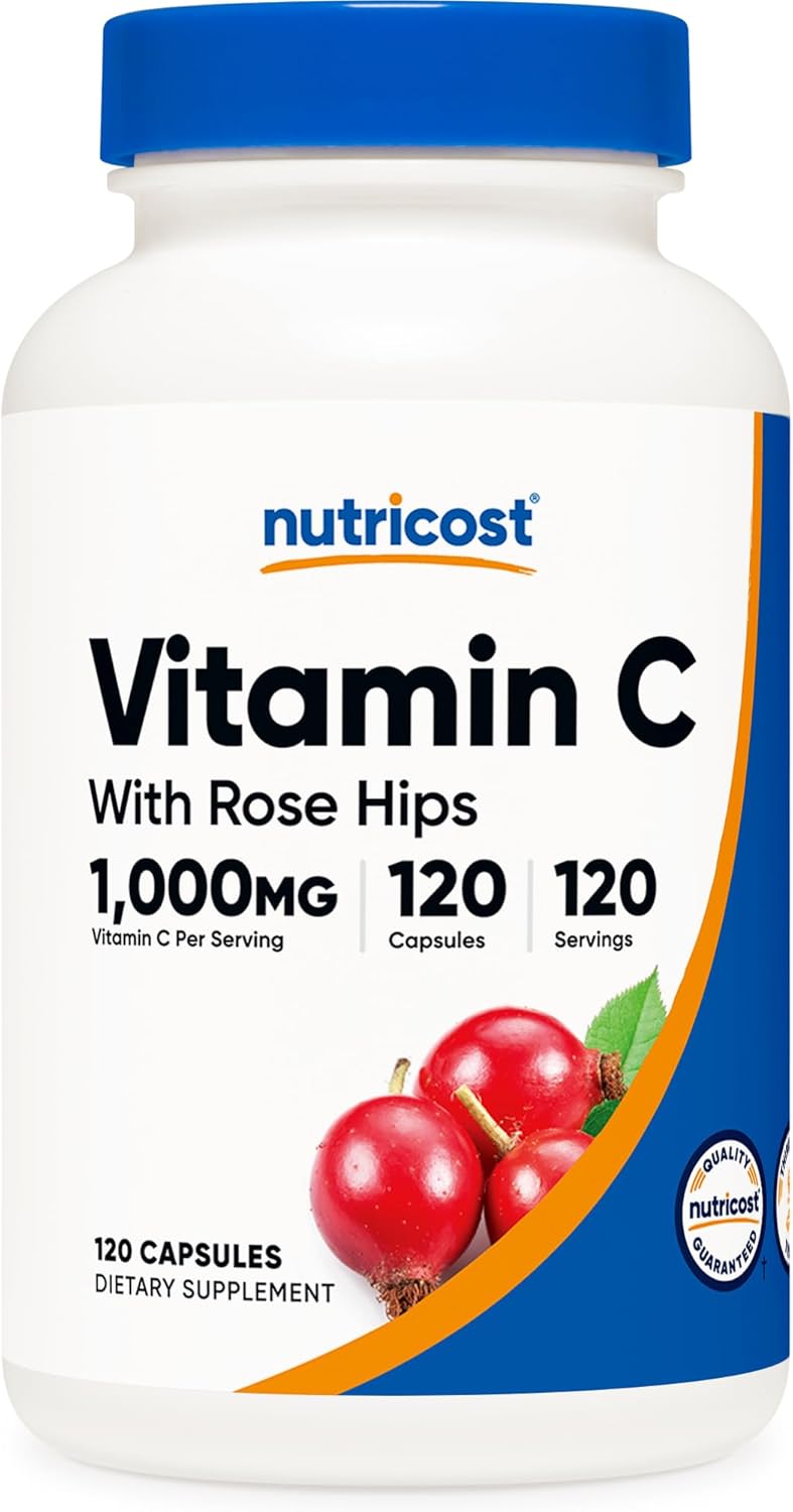 Nutricost Vitamin C with Rose HIPS 1025mg, 120 Capsules - Vitamin C 1000mg, Rose HIPS 25mg, Premium, Non-GMO, Gluten Free